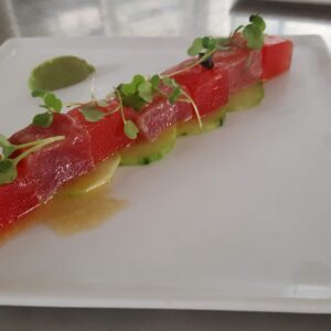 compressed watermelon-tuna-cucumber salad