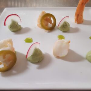 dragon shrimp-cilanro crema radish