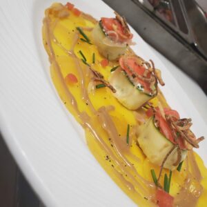 yellow beet carpaccio whipped goat zucchini ribbons sherry ving